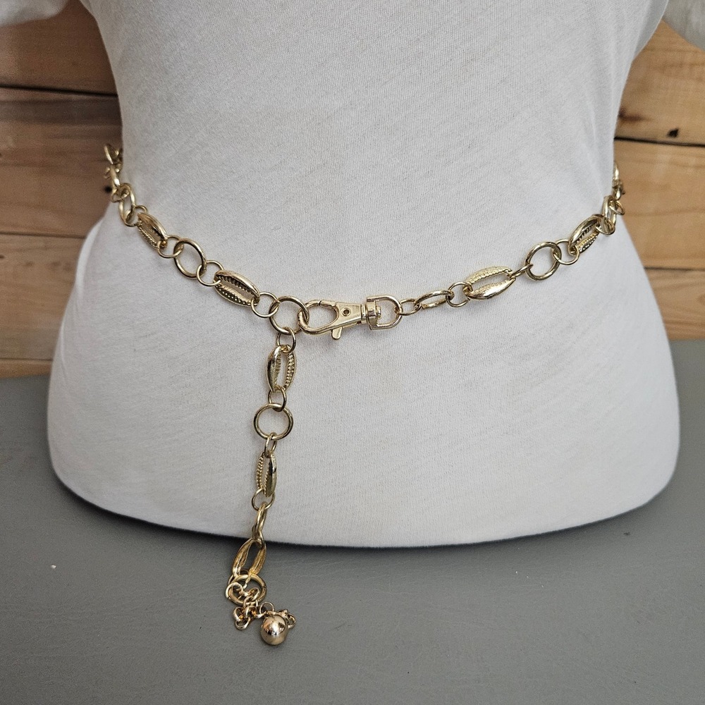 Gold Tone Cowrie Shell Shaped Chain Belt Adjustable Metal Waist 42 Inch Goddess